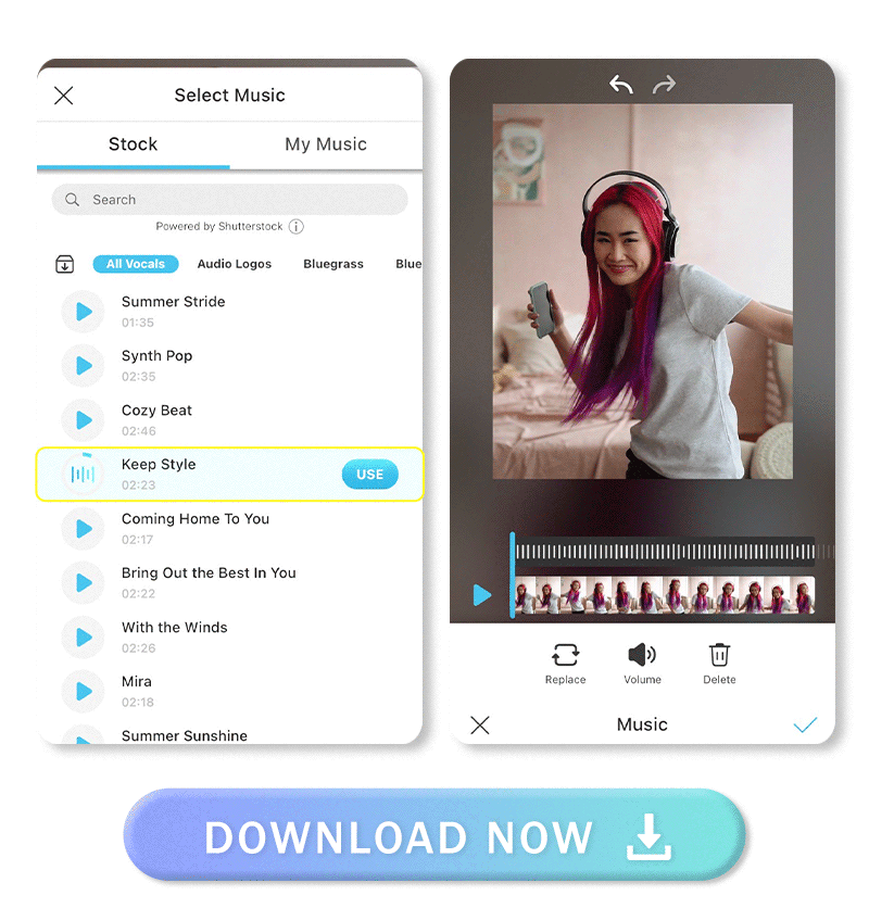 Add music to video with 750+ background music options with the best free video editing app, YouCam Video.