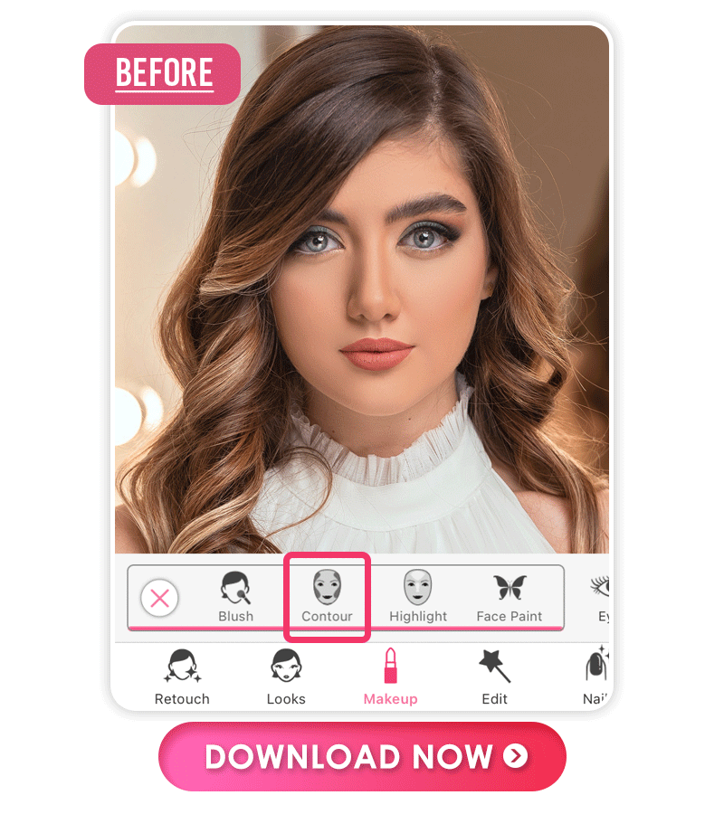 Best contour filter app to add contour makeup to photos virtually and try 10+ contour placement and colors.