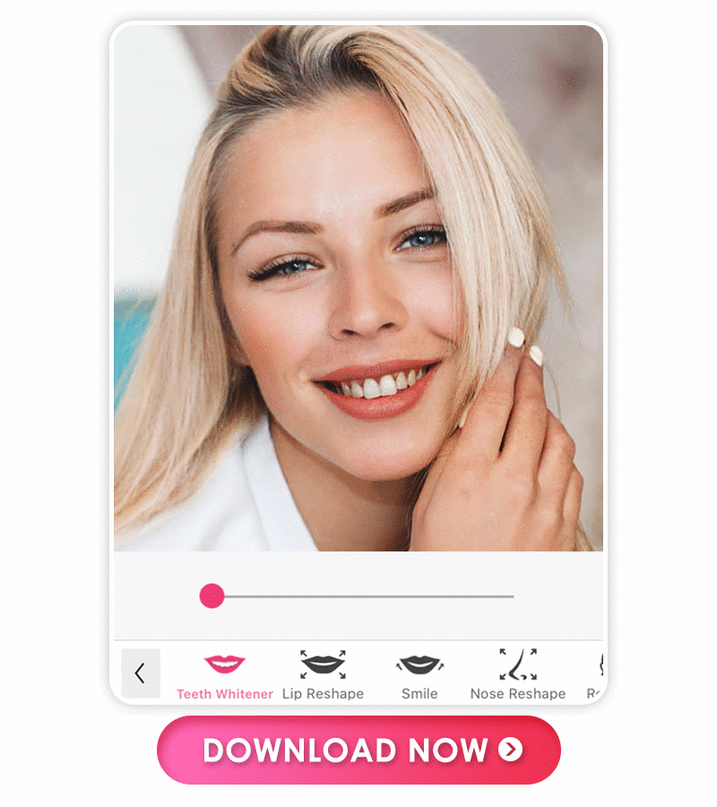 GIF demonstrando o recurso de clareamento dental automático do app YouCam Makeup.