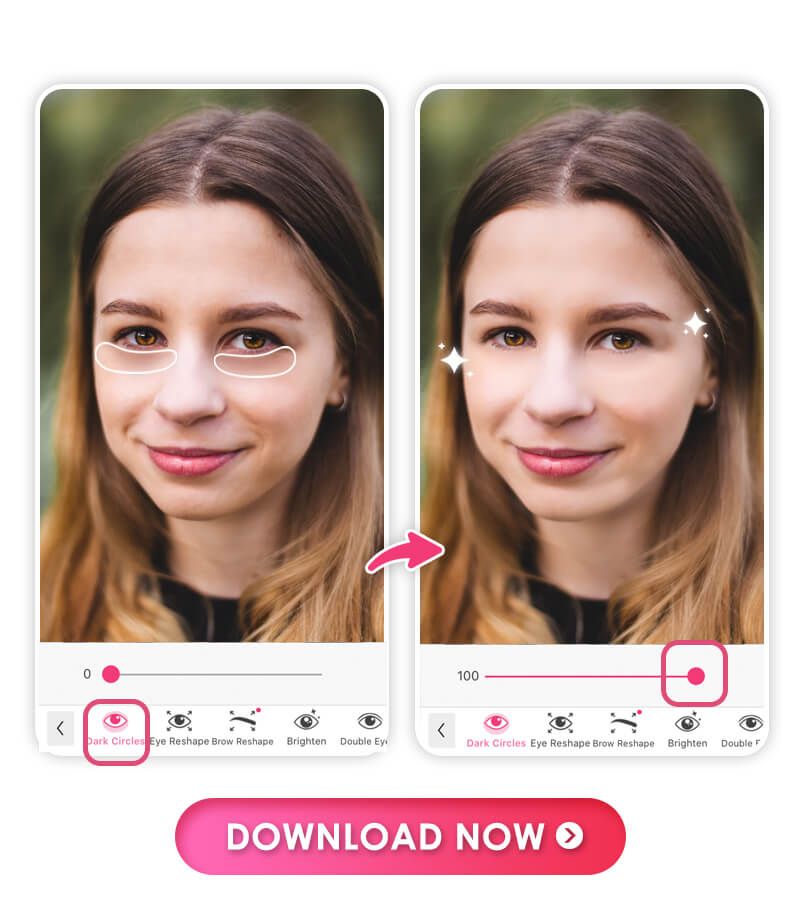 Best app to fix dark circles in photos naturally and easily with auto-detection and slider: YouCam Makeup.