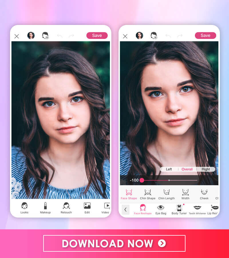 Check before and after effect after face editing with the YouCam Makeup app.