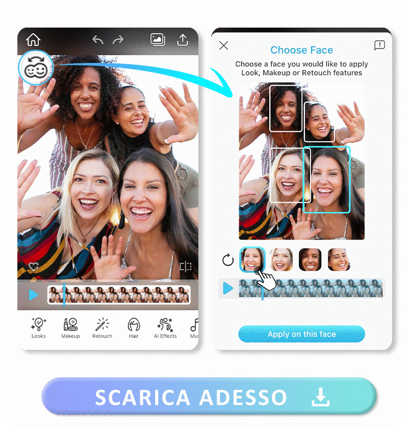 La migliore app per l'editor di volti video per rilevare e mettere a fuoco automaticamente i volti da modificare e ritoccare.