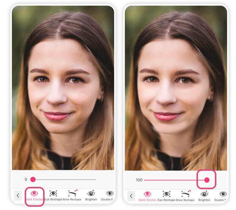 Mit den Tools von YouCam Makeup kannst du ganz leicht dunkle Augenringe entfernen.