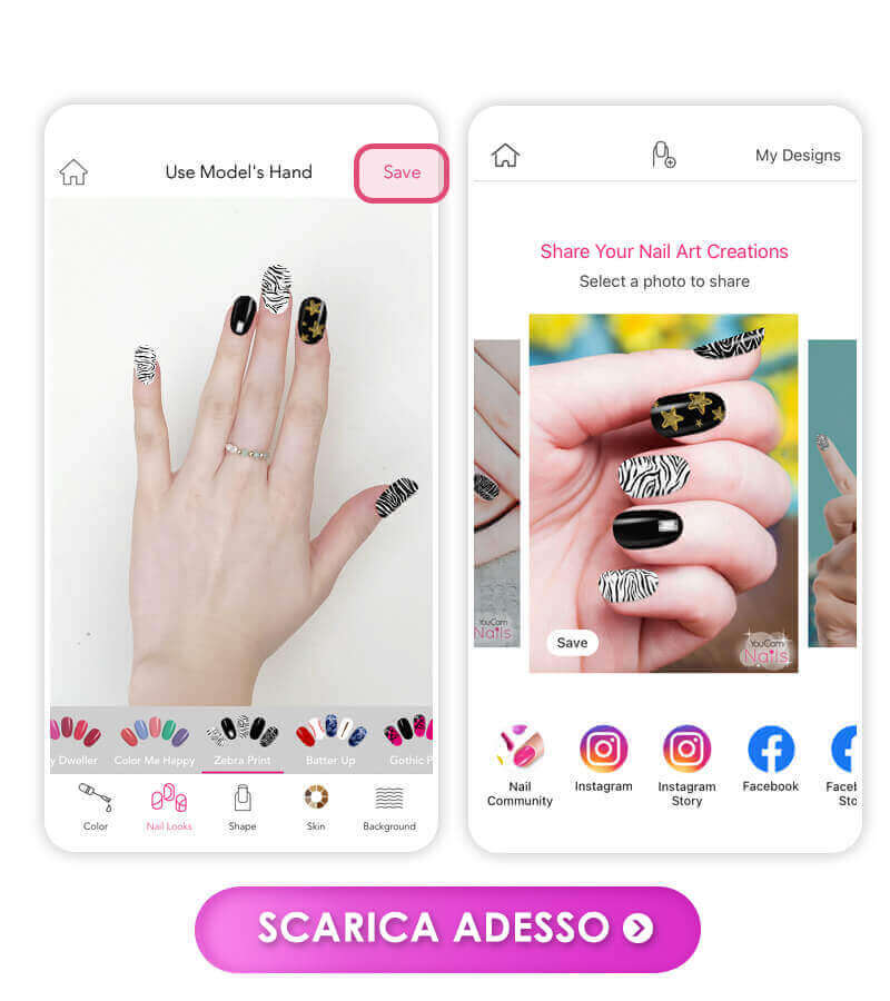 Salvate e condividete i vostri disegni di unghie acriliche con YouCam Nails