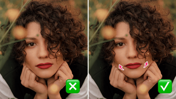 Mulher sem sorriso e depois com sorriso adicionado pelo app YouCam Makeup