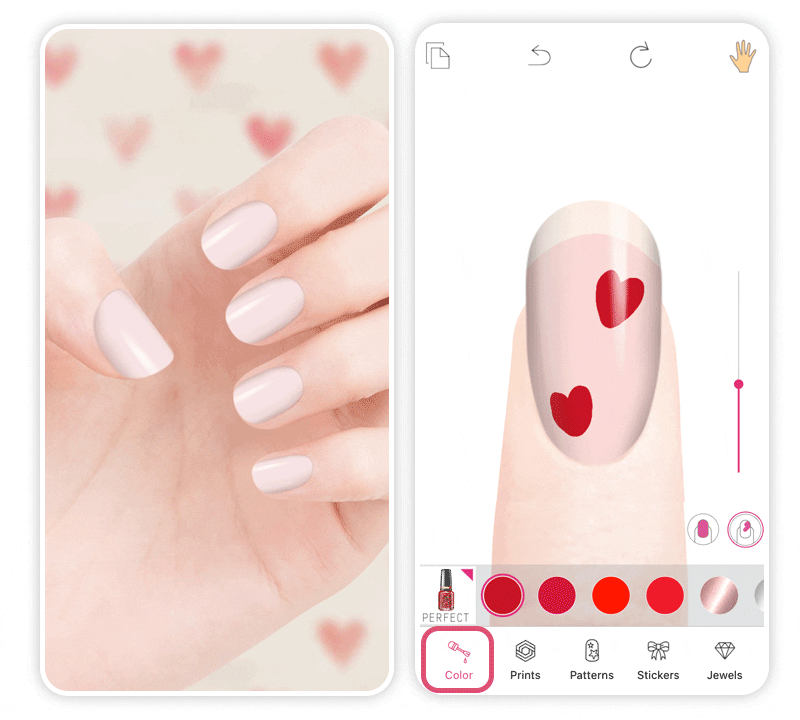 Minimalistische Valentinstags-Nägel mit kleinen roten Herzen als Verzierung.