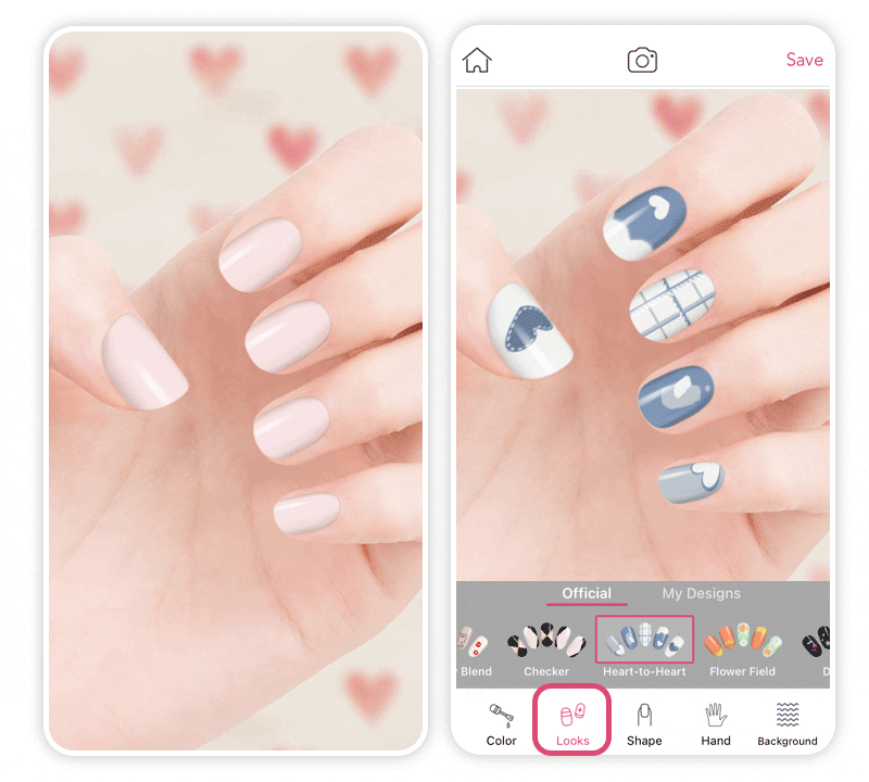 Blaue Herzen zum Anprobieren in YouCam Nails.