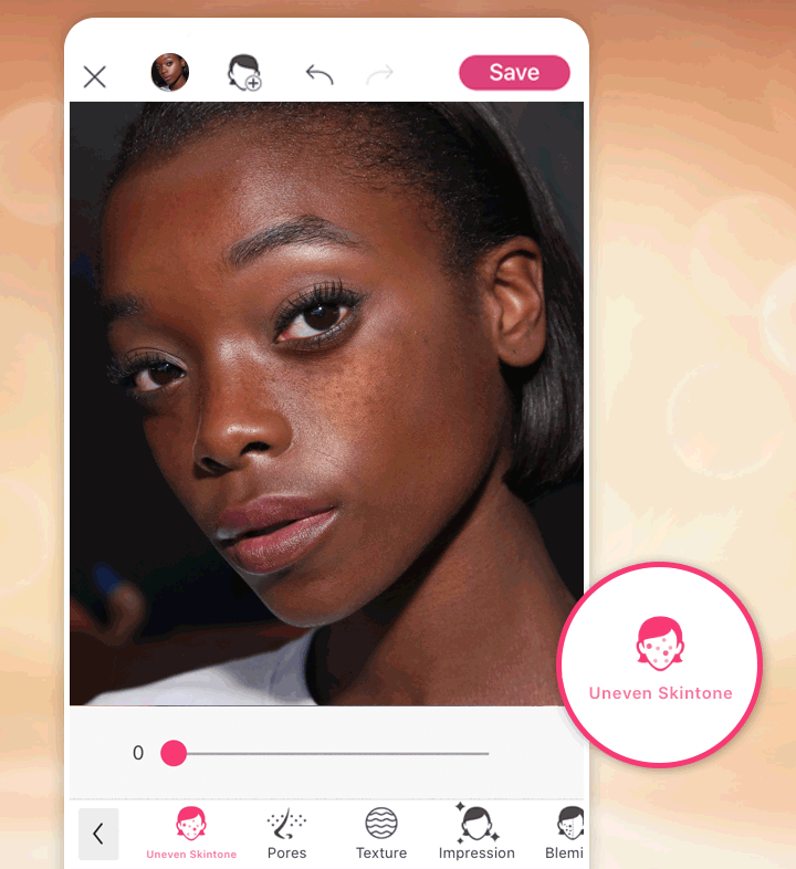 A ferramenta inteligente do YouCam Makeup seleciona e remove automaticamente tons irregulares da pele