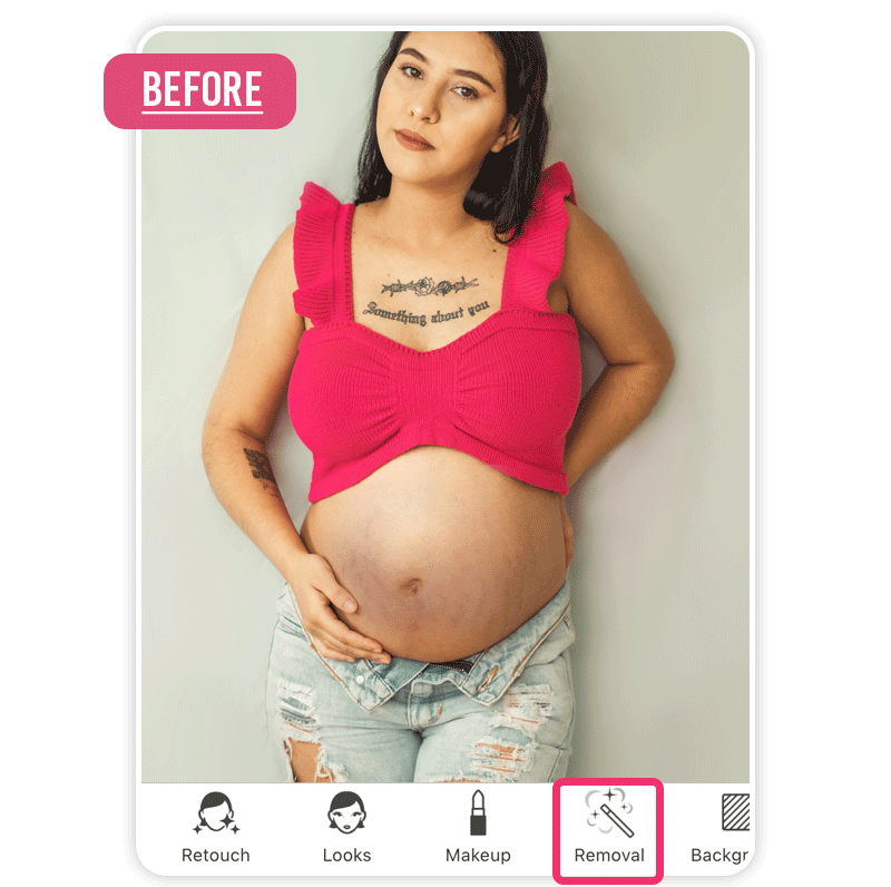 Antes e depois de retocar a barriga grávida