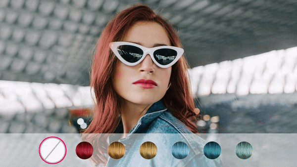 Animação mostrando uma mulher usando o app para testar cor de cabelo YouCam Makeup e experimentar vários tons.