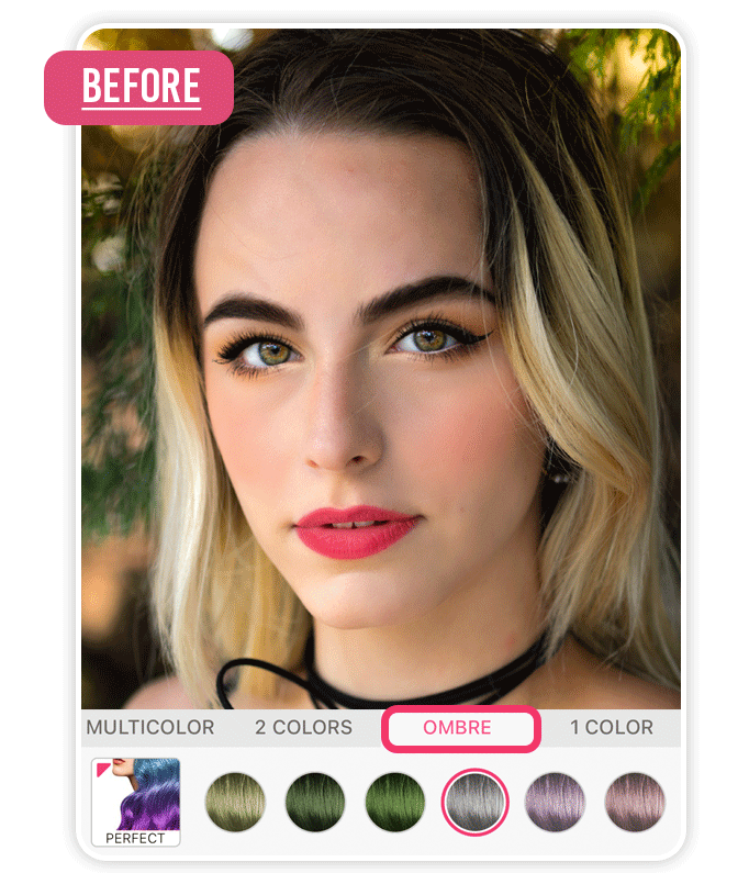 Demonstração do ajuste de intensidade da cor de cabelo no aplicativo YouCam Makeup.