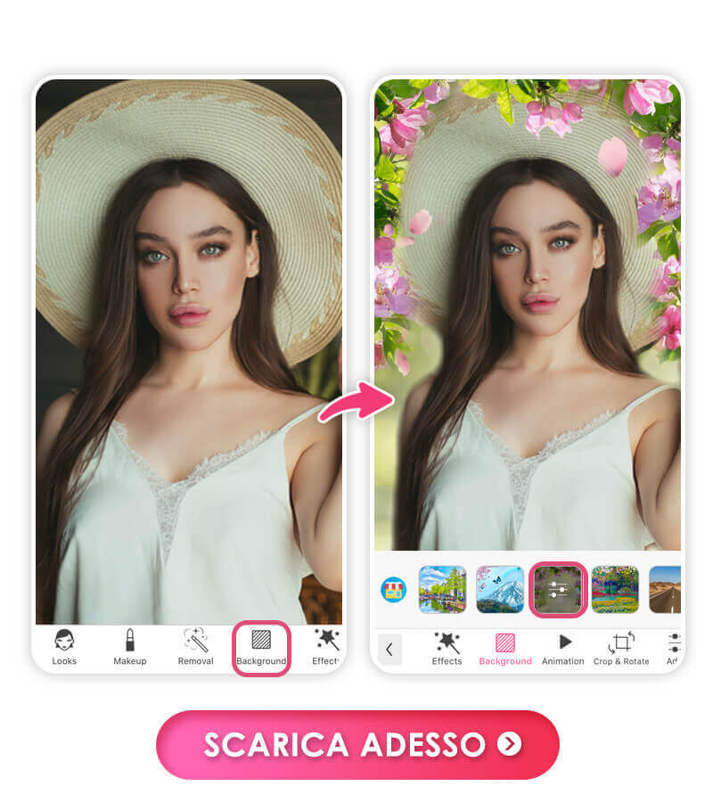 YouCam Makeup è la migliore app per aggiungere sfondi floreali alle foto con oltre 10 opzioni di modelli di sfondi floreali.