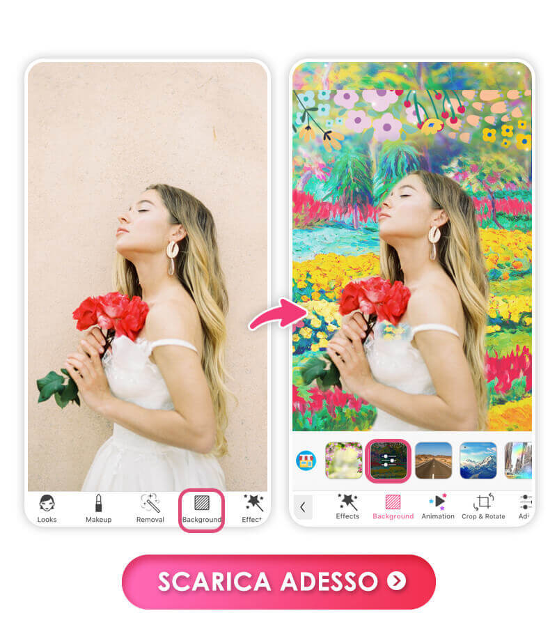 YouCam Makeup è la migliore app per aggiungere sfondi floreali alle foto con oltre 10 opzioni di modelli di sfondi floreali.