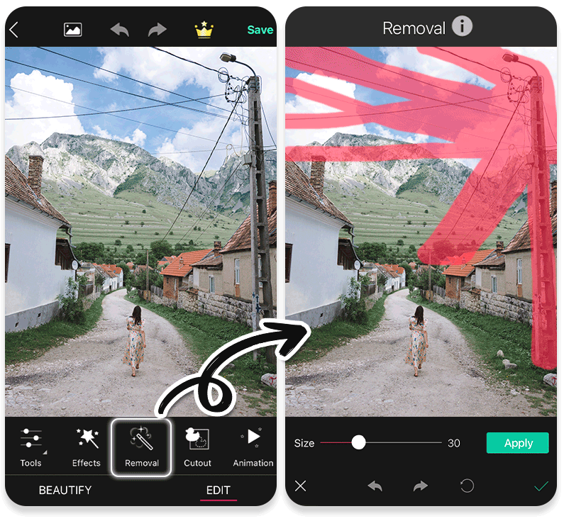 GIF tutorial de como usar a ferramenta de remover objetos no app YouCam Perfect