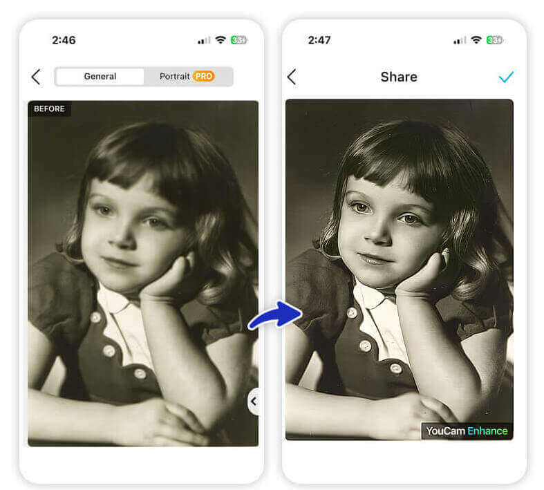 Comparativo de uma foto antiga danificada antes e depois de ser melhorada com um app para restaurar fotos.