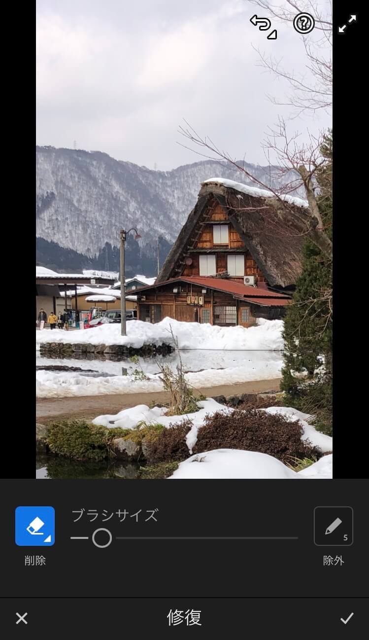 Lightroomで写真の一部を消す様子