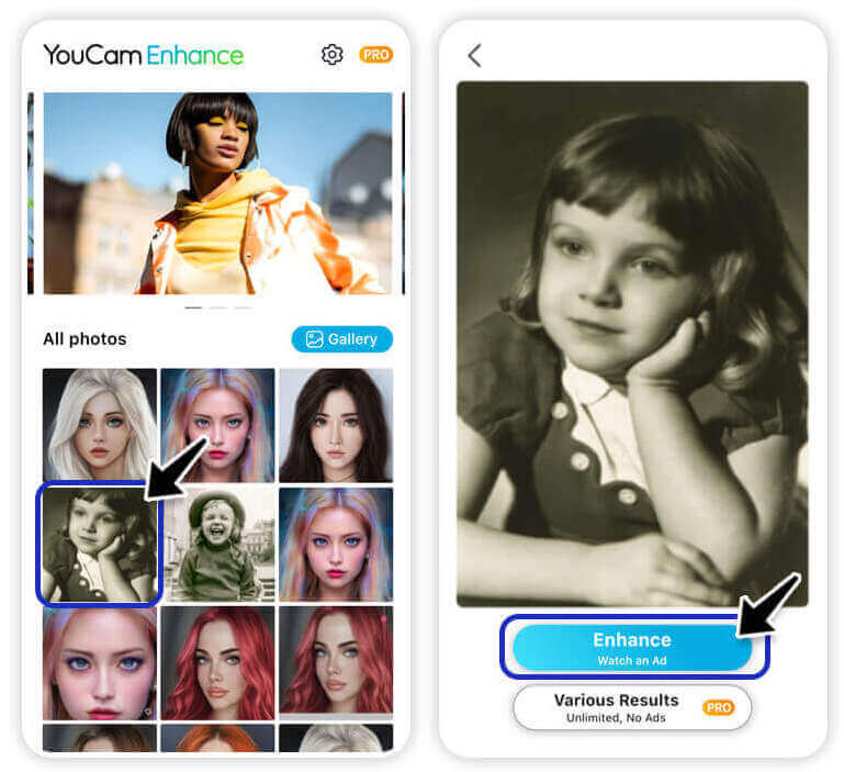 Interface do app YouCam Enhance mostrando uma foto antiga carregada para restauração