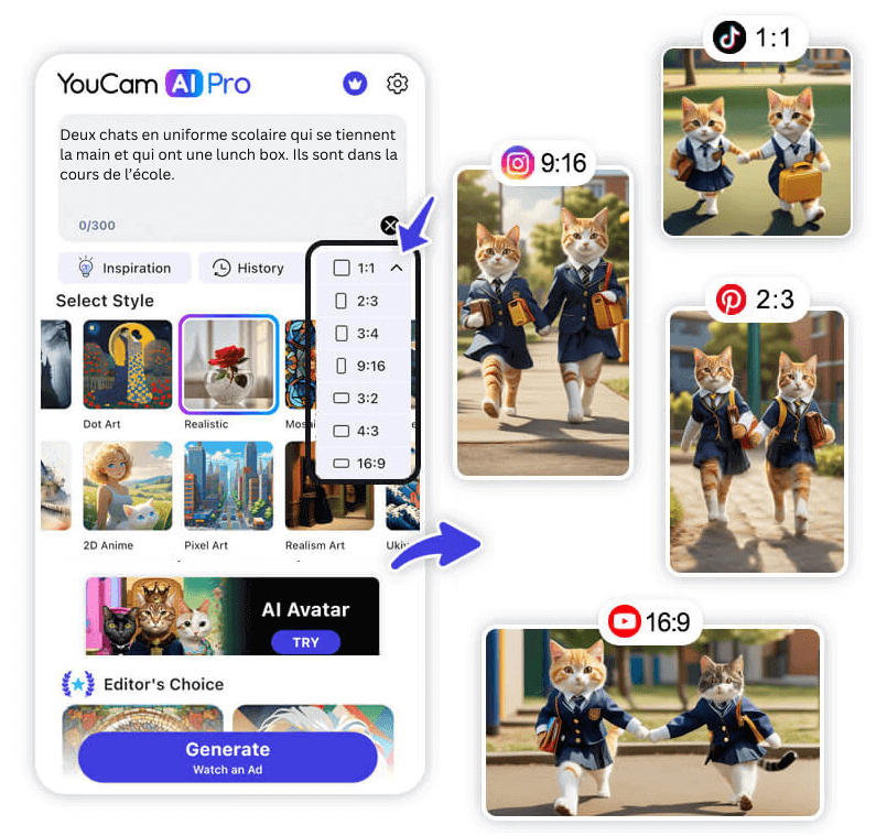 Générateur d'image IA gratuit text to image : plusieurs ratios