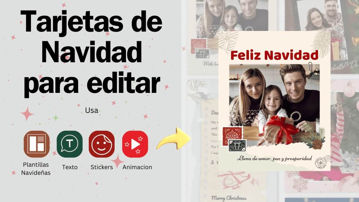 Crea las mejores tarjetas de navidad para editar desde tu teléfono. Solo sube tu foto, pon texto y stickers