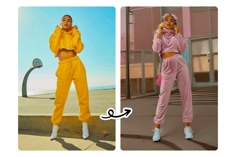  Sportlicher Look in Gelb verwandelt sich in ein stylisches Streetwear-Outfit in Rosa.