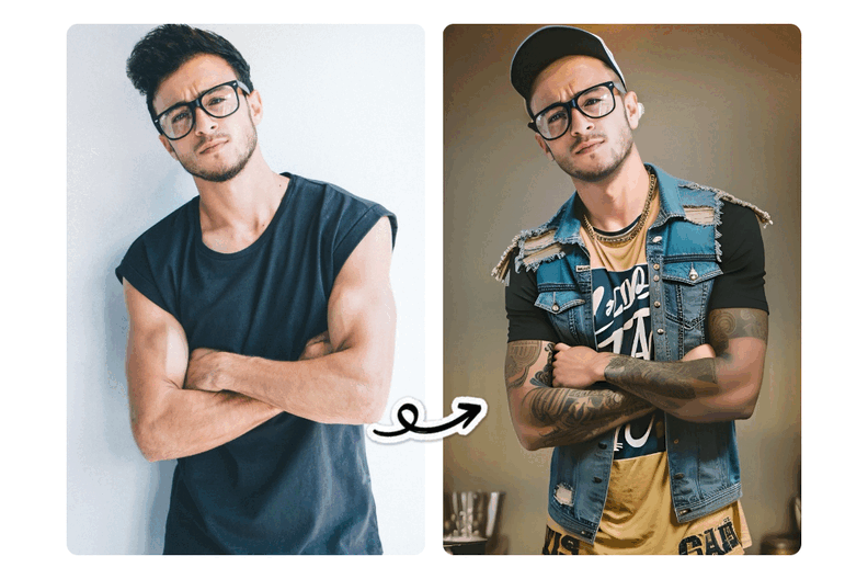 Image avant-après d'un homme avec des lunettes, se transformant en un type décontracté avec casquette, tatouages et veste en jean.