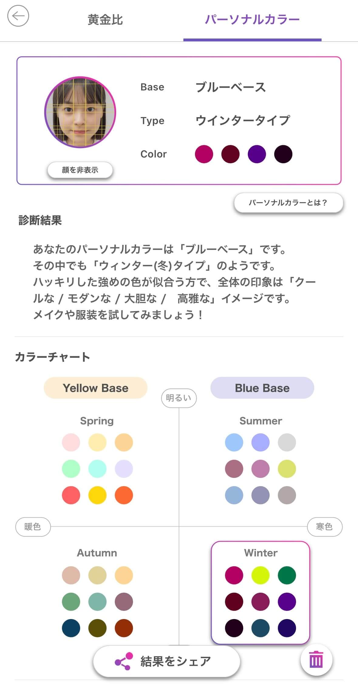 『FaceScore』でパーソナルカラータイプを診断する様子