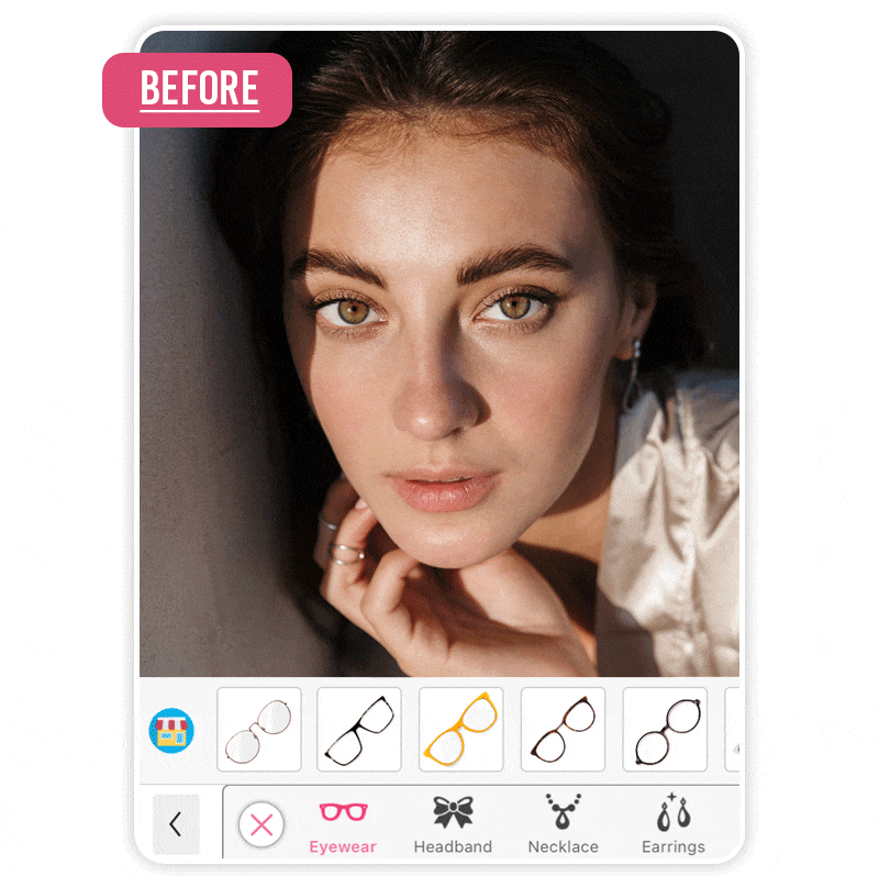 Demonstração de como salvar a foto após testar óculos de grau no app YouCam Makeup
