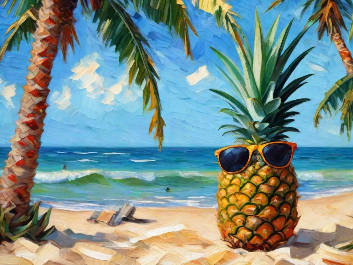 Sommerbilder: Ananas mit Sonnenbrille am Strand unter Palmen