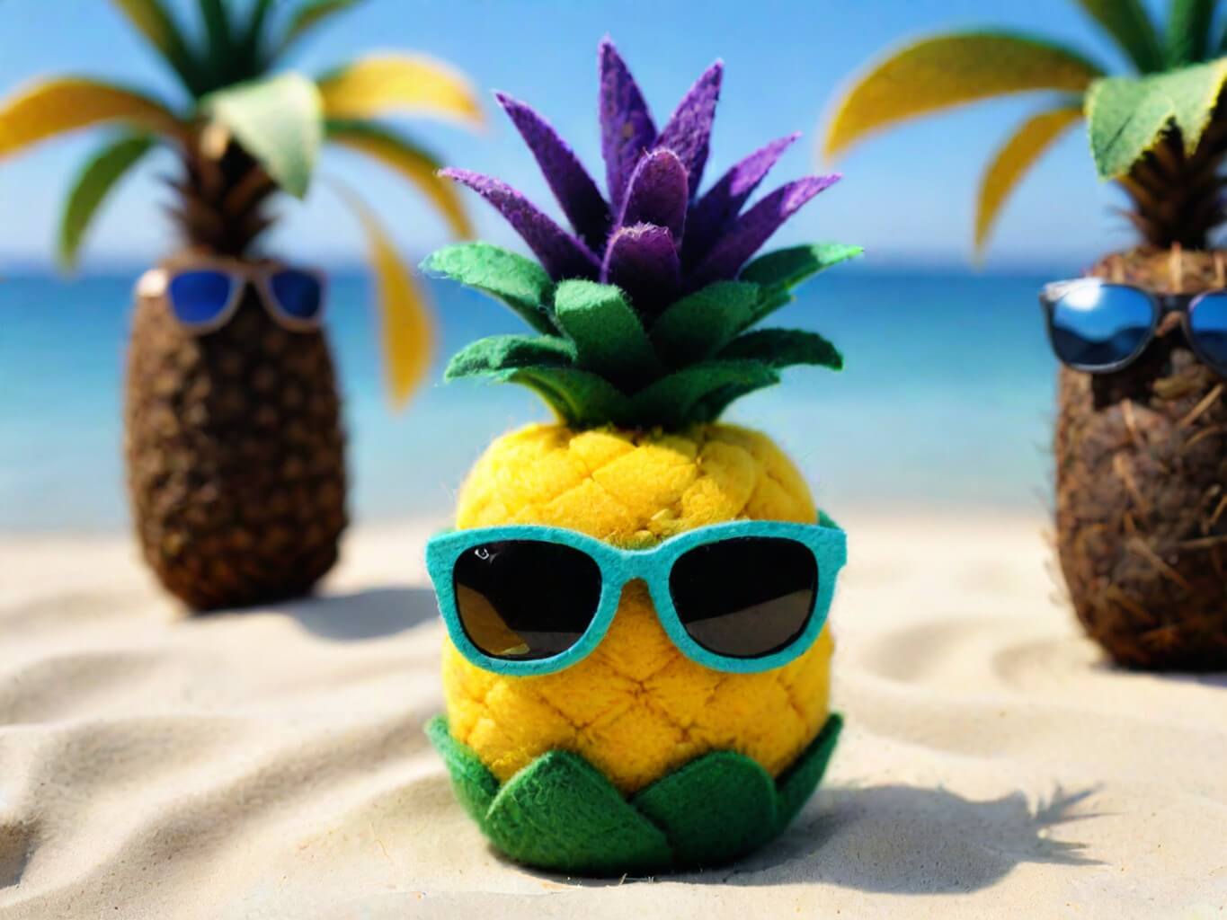 Ananas mit Sonnenbrille am Strand unter Palmen