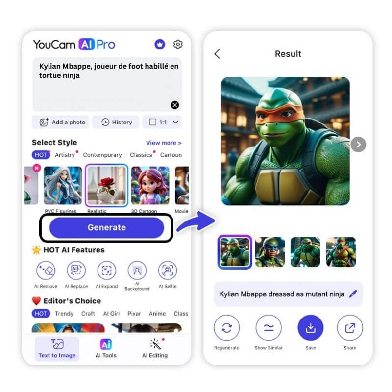 Appuie sur "générer" pour obtenir de meme Mbappe tortue ninja