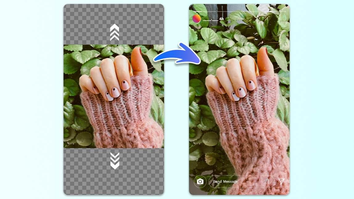 A hand wearing a pink sweater, with the image expanded vertically using AI outpainting for a seamless look on social media.