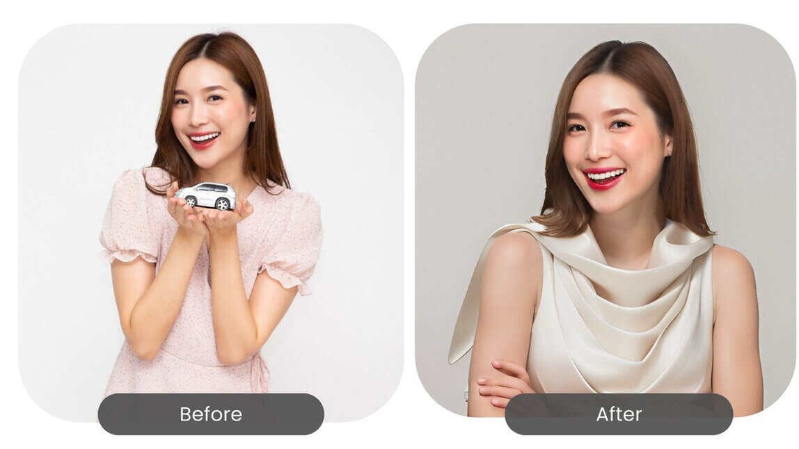 Before and after images showcasing the transformation of a headshot using YouCam's AI Headshot Generator.
