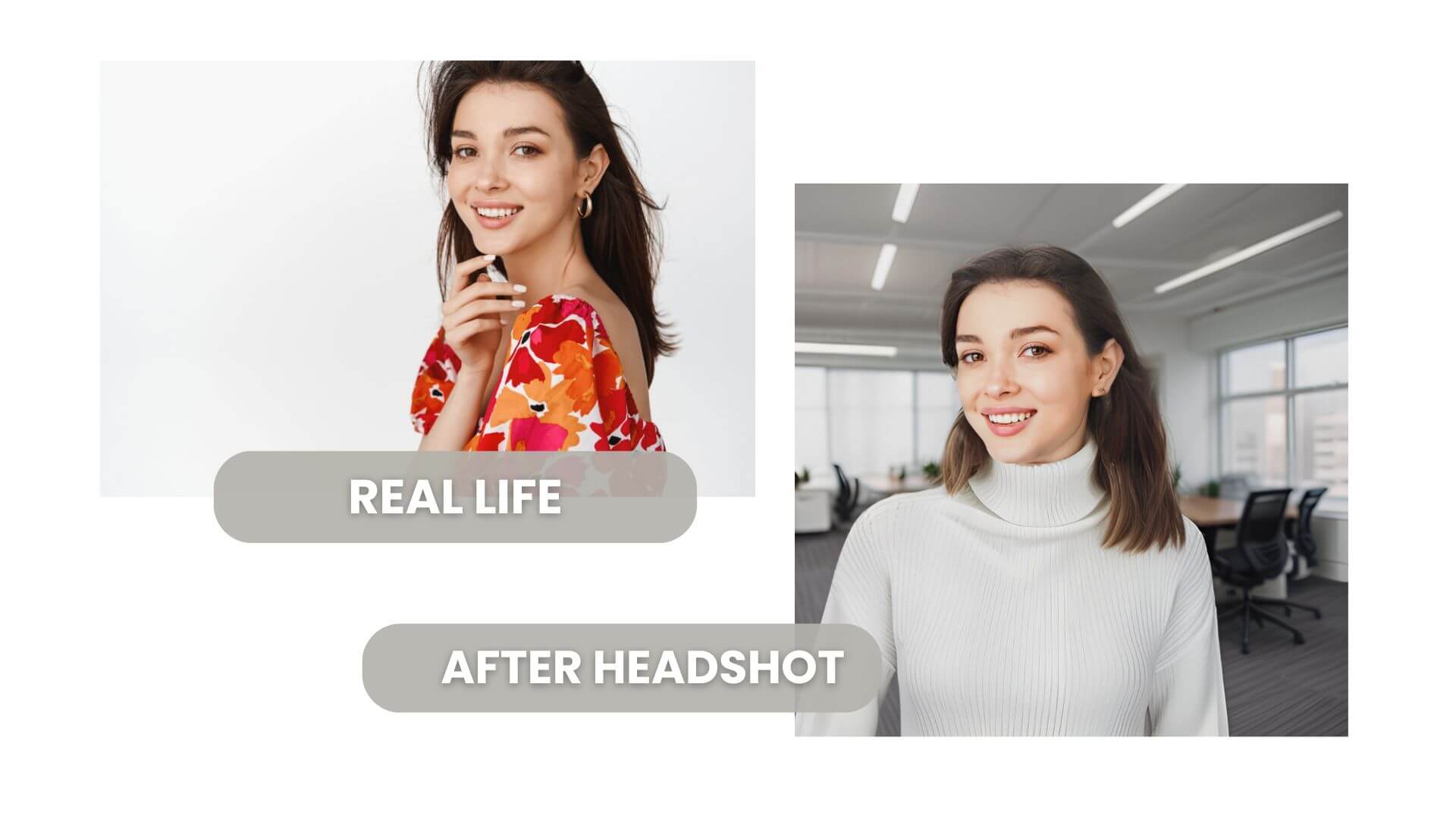 Comparaison entre la photo réelle d'une femme en robe colorée et son portrait professionnel IA dans un cadre de bureau, créé avec le Générateur de Portrait IA YouCam En Ligne.