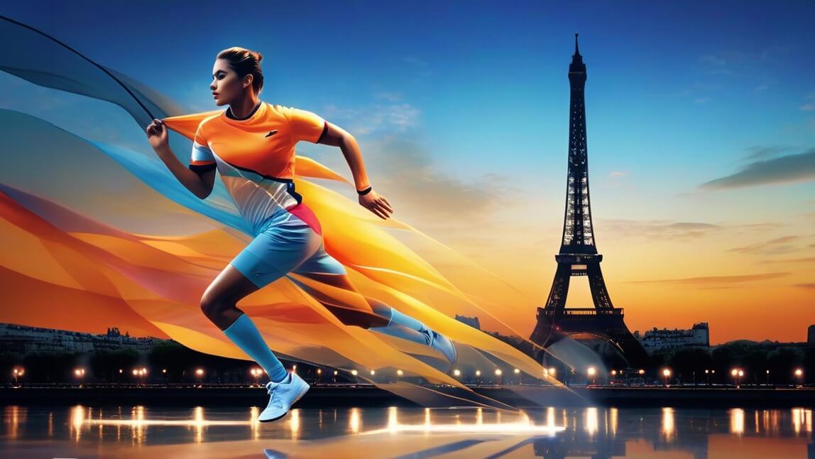 High-resolution blog cover image of a female athlete running with the Eiffel Tower and a sunset sky in the background, symbolizing the Olympic spirit.