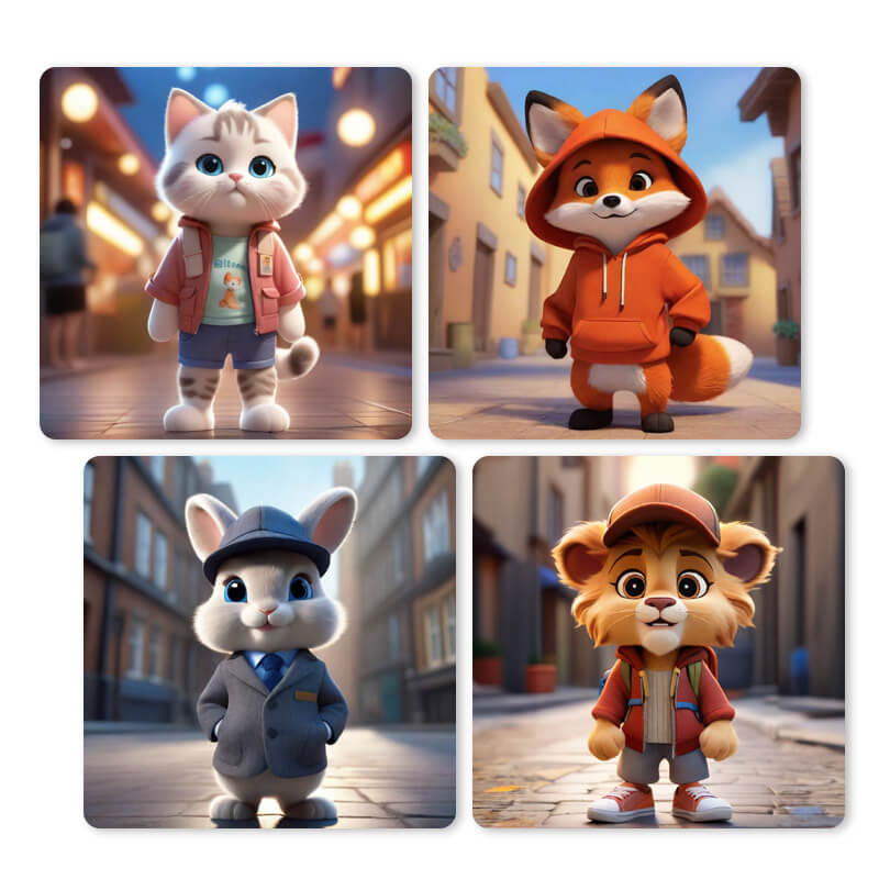 Four adorable furry characters in 3D cartoon style, including a fox, cat, rabbit, and lion, dressed in casual and professional outfits, walking through an urban environment