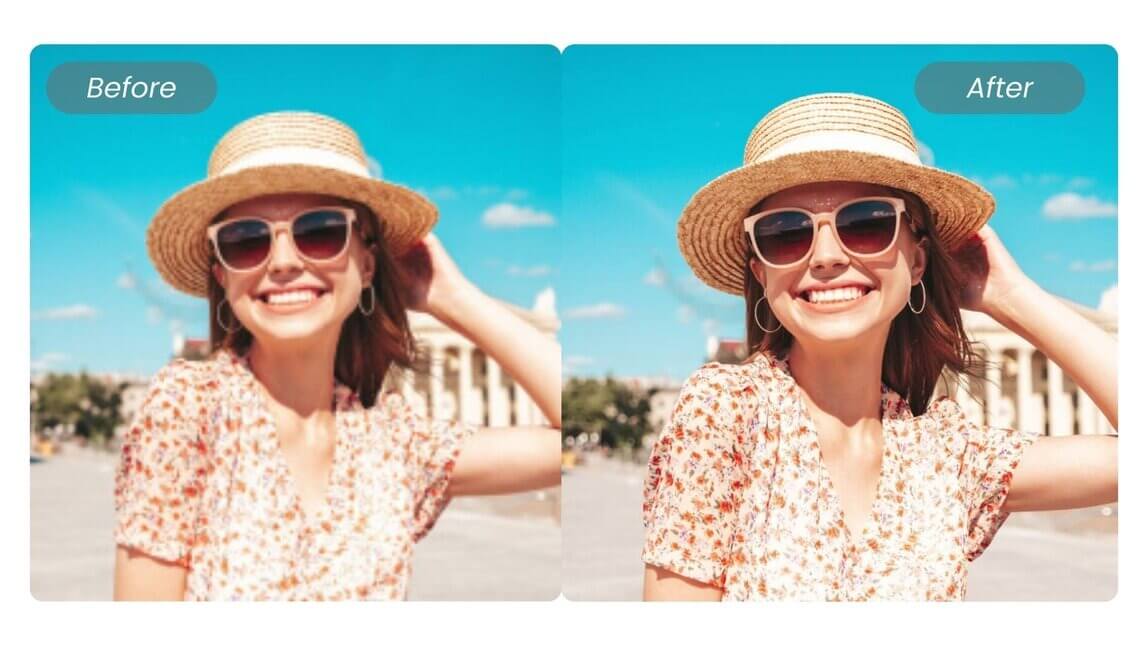 Before and after comparison of image quality improvement using AI Picture Editor, showcasing a woman's photo with enhanced clarity and vibrancy