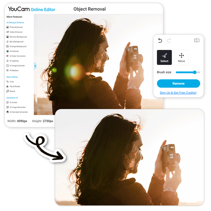 YouCam Online Editor entfernt Spiegelung aus Foto mit Objektentfernungstool