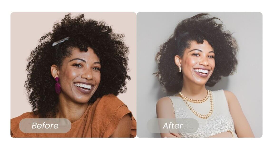 AI image modifier before and after results showing enhanced details in a woman's curly hair, highlighting the transformation in skin tone, lighting, and overall image quality.