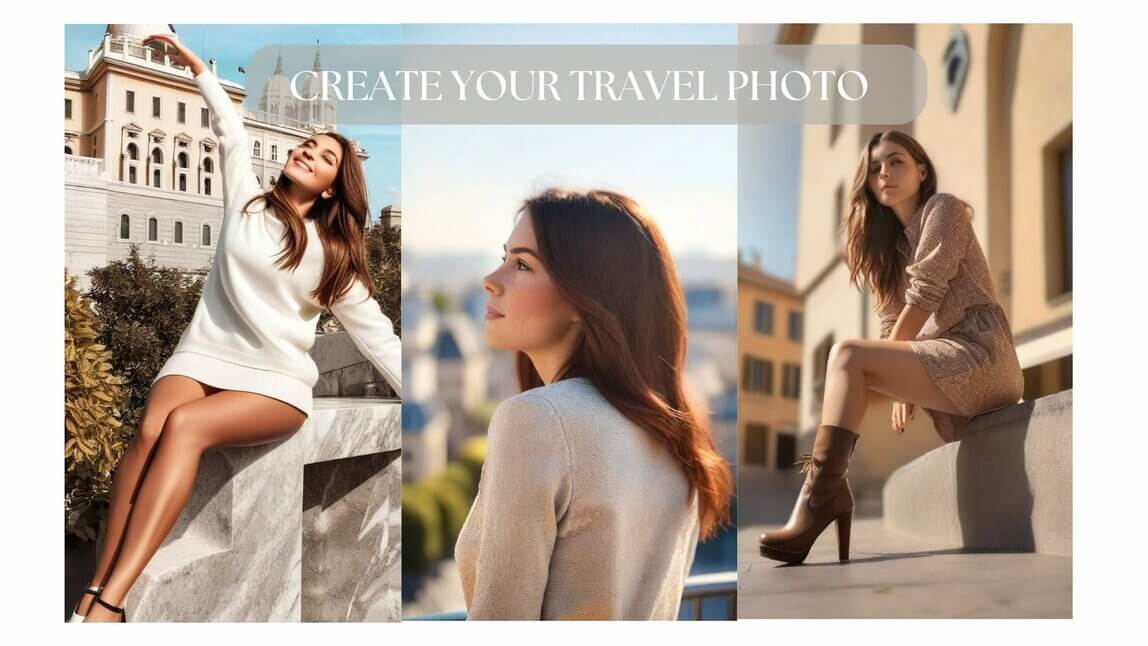 Woman posing in front of European architecture, showcasing how AI image modifier can enhance travel photos.
