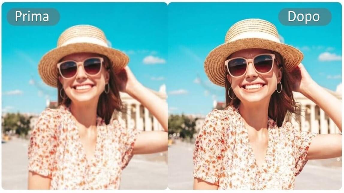 Before and after comparison of image quality improvement using AI Picture Editor, showcasing a woman's photo with enhanced clarity and vibrancy