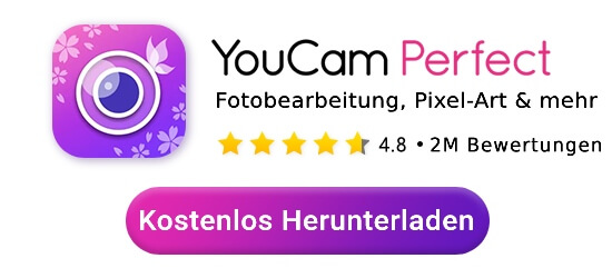 Download-Button für die App YouCam Perfect, mit Bildbearbeitung für Pixel-Art und mehr.