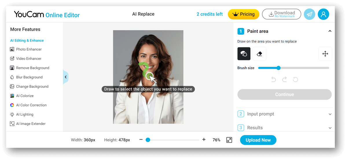 YouCam Online Editor AI Replace User Interface