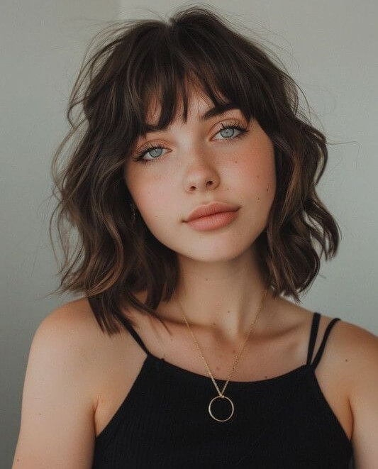coiffure pour visage rond : carré wavy et frange