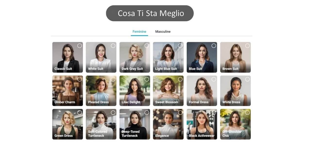 Screenshot del generatore di headshot di YouCam Online Editor che mostra le varie opzioni di stile per le foto professionali e foto curriculum