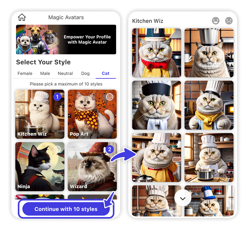 Gato com diferentes estilos e desenhos de avatar pet