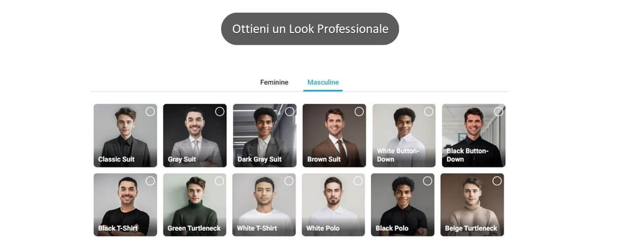 Screenshot del generatore di headshot di YouCam Online Editor che mostra le varie opzioni di stile per le foto professionali e foto curriculum