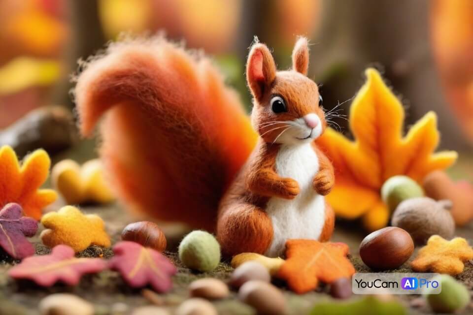 Ein Eichhörnchen sammelt Nüsse auf dem Waldboden, umgeben von bunten Herbstblättern.