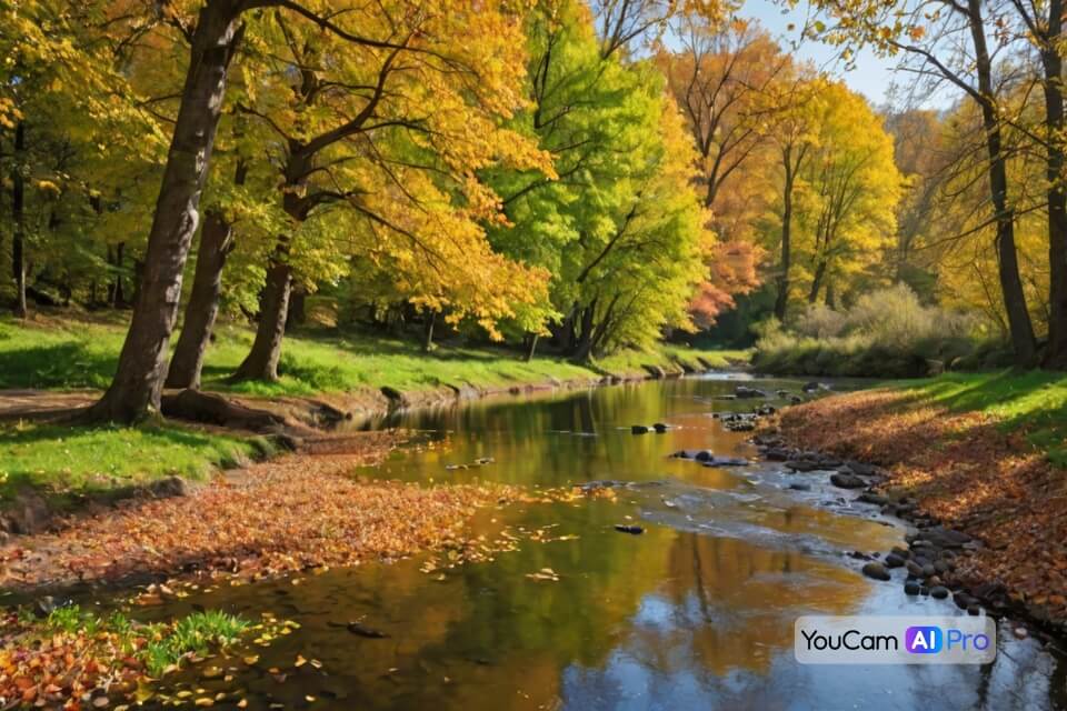 Bunte Bäume im Herbst, leuchtende Blätter und ein kleiner Fluss in einer idyllischen Landschaft.