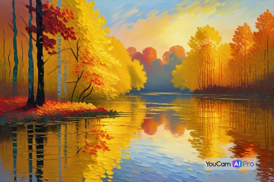 Herbstwald bei Sonnenuntergang mit goldenen Bäumen und Lichtreflexionen im Wasser.