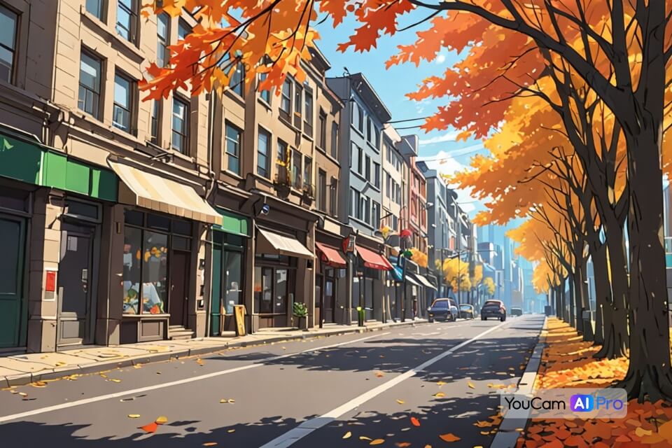 Herbstliche Stadtstraße mit Wind, der bunte Blätter durch die Luft weht.